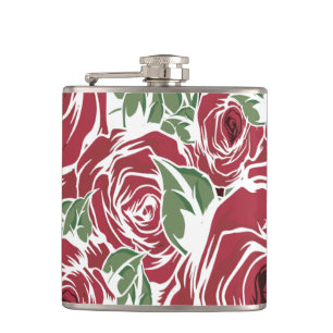 Elegant Vintage Rose Pattern - Red & Green Floral  Hip Flask