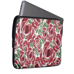 Elegant Vintage Rose Pattern - Red & Green Floral  Laptop Sleeve