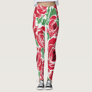 Elegant Vintage Rose Pattern - Red & Green Floral Leggings