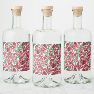 Elegant Vintage Rose Pattern - Red & Green Floral  Liquor Bottle Label