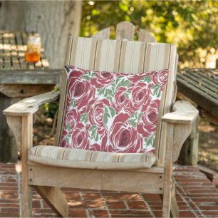 Elegant Vintage Rose Pattern - Red & Green Floral Outdoor Pillow