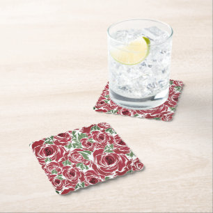 Elegant Vintage Rose Pattern - Red & Green Floral  Paper Coaster