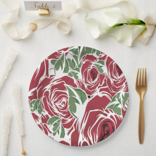Elegant Vintage Rose Pattern - Red & Green Floral Paper Plate
