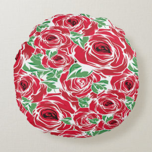 Elegant Vintage Rose Pattern - Red & Green Floral Round Pillow