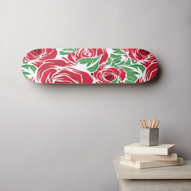 Elegant Vintage Rose Pattern - Red & Green Floral  Skateboard (Wall Art (Horz))