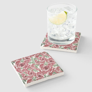 Elegant Vintage Rose Pattern - Red & Green Floral Stone Coaster
