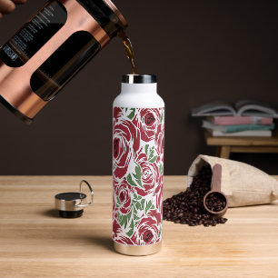Elegant Vintage Rose Pattern - Red & Green Floral  Water Bottle