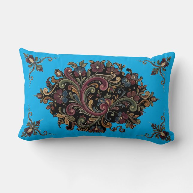 Elegant Vintage Rosemaling Patterned Pillow (Back)