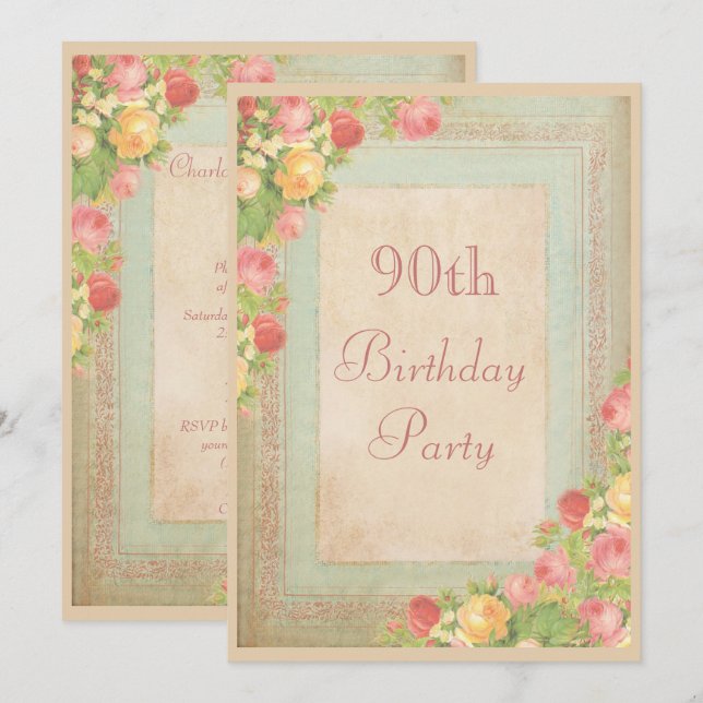 Elegant Vintage Roses 90th Birthday Party Invitation (Front/Back)