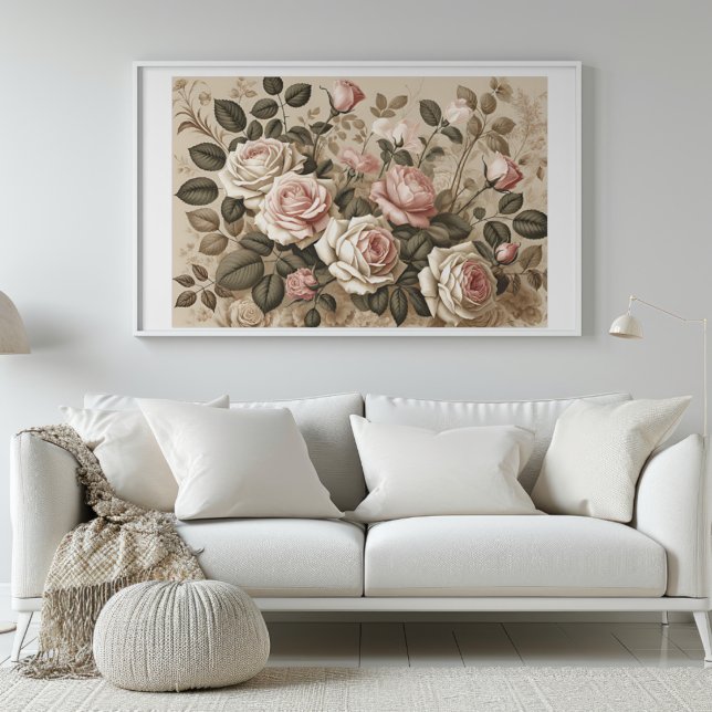 Elegant Vintage Roses Botanical Art Print Poster (Elegant Vintage Roses Botanical Art Print in room)