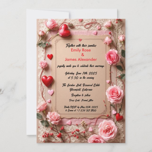 Elegant Vintage  Roses &Hearts wedding invitation (Front)