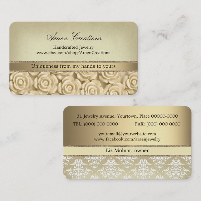 Elegant Vintage Roses Pattern Handcrafted Jeweller Business Card (Front/Back)