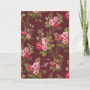 Elegant Vintage Roses w/Monogram-Maroon Background Note Card
