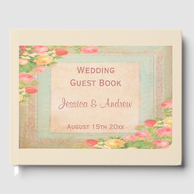 Elegant Vintage Roses Wedding Guest Book (Front)