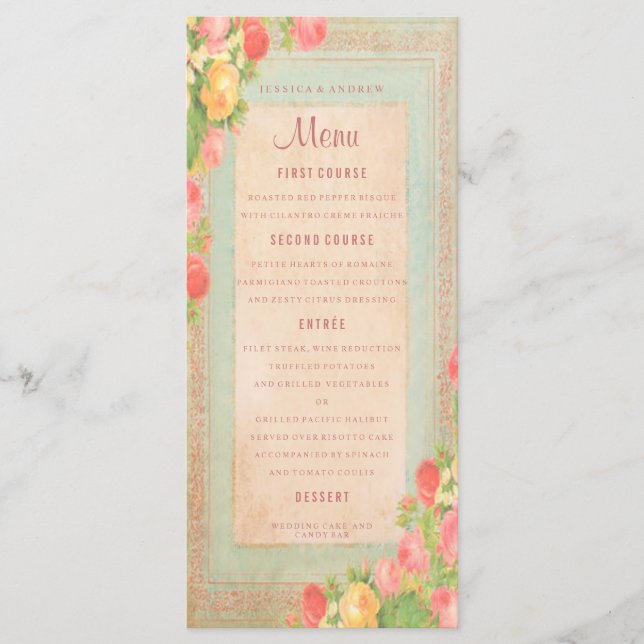 Elegant Vintage Roses Wedding Menu (Front)