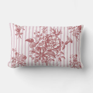 Elegant Vintage Rosy Pink Floral Ticking Stripes Lumbar Pillow