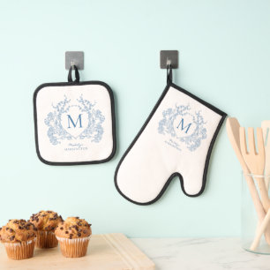 Elegant Vintage Royal Blue Floral Crest Monogram Oven Mitt & Pot Holder Set