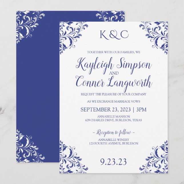 Elegant Vintage Royal Blue Wedding Invitations (Front/Back)