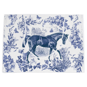 Elegant Vintage Rustic Blue Horse Floral Toile Large Gift Bag