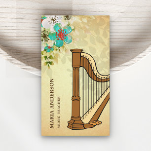 Elegant Vintage Rustic Floral Harp Music Teacher Business Card