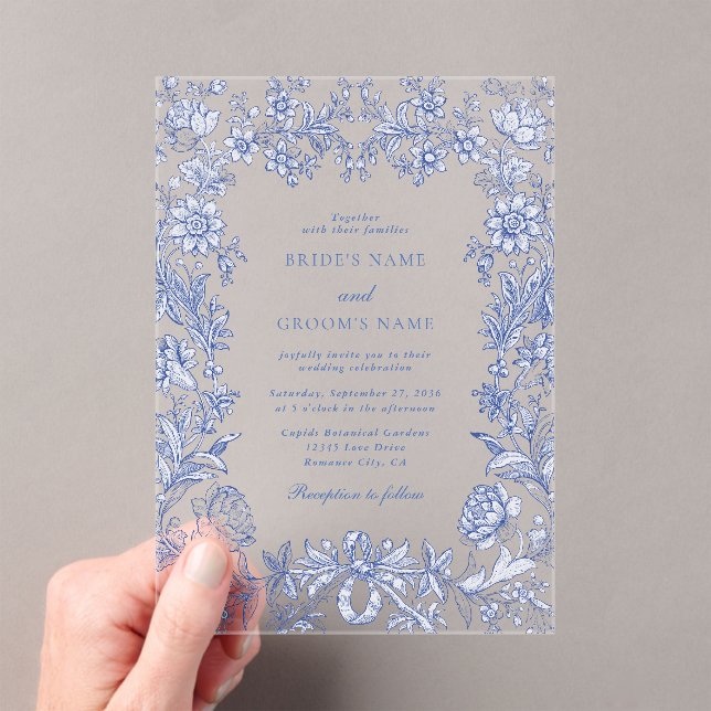Elegant Vintage Rustic French Blue Floral Wedding Acrylic Invitations (Insitu (Handheld))
