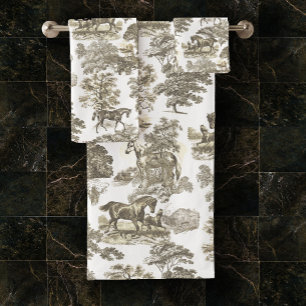 Elégant Vintage Rustic Gold Beige Horses Toile