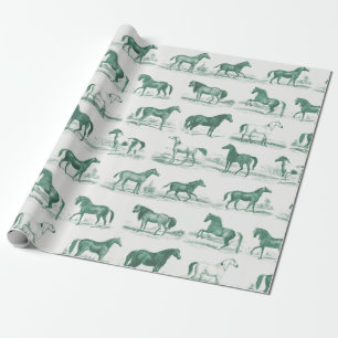 Elegant Vintage Rustic Green Horse Breeds Toile Wrapping Paper