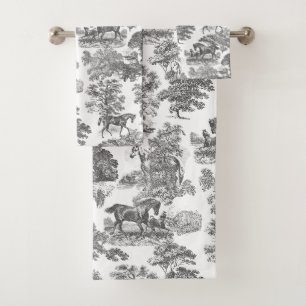Elegant Vintage Rustic Grey Horses Toile  Bath Towel Set