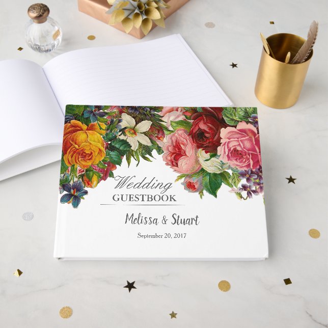 Elegant vintage rustic roses flowers Wedding Guest Book (Front Open)