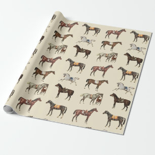 Elegant Vintage Saddled Horses Brown Beige Wrapping Paper