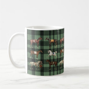 Elegant Vintage Saddled Horses Green Plaid Coffee Mug