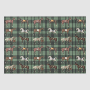 Elegant Vintage Saddled Horses Green Plaid Tissue Paper