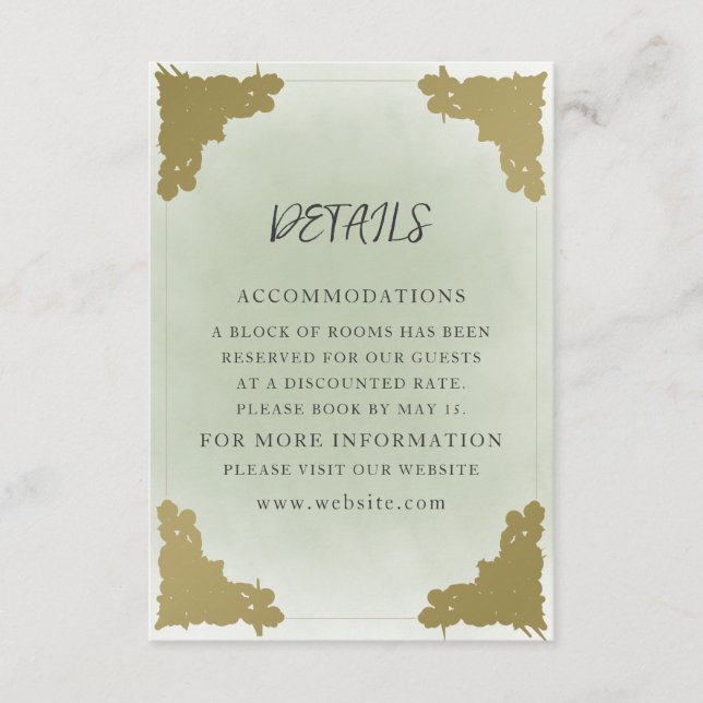 Elegant Vintage Sage Green Gold Details Enclosure Card (Front)
