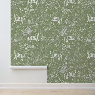Elegant Vintage Sage Green Horse Floral Pattern Wallpaper