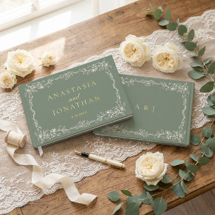Elegant Vintage Sage Green Monogram Wedding Guest Book