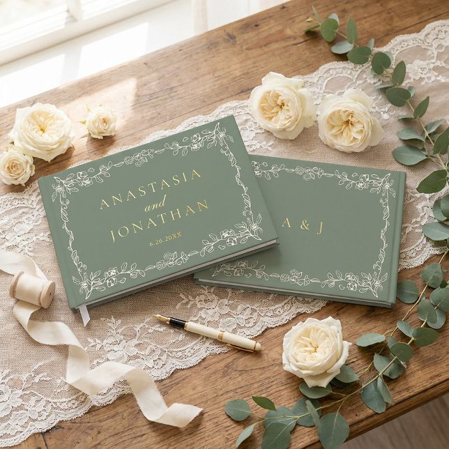 Elegant Vintage Sage Green Monogram Wedding  Guest Book (Creator Uploaded)