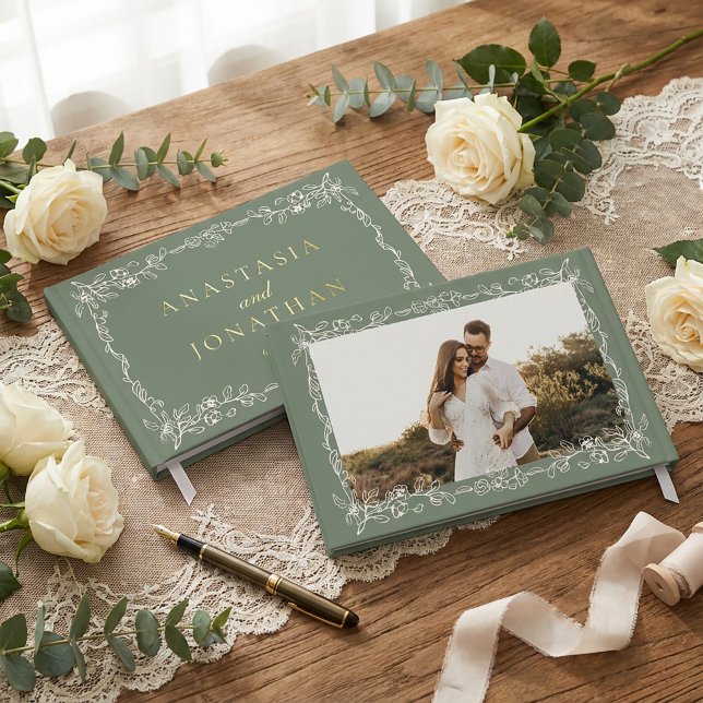 Elegant Vintage Sage Green Photo Wedding  Guest Book (Creator Uploaded)