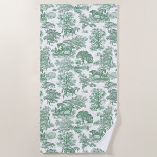 Elegant Vintage Sage Green White Horses Toile  Beach Towel