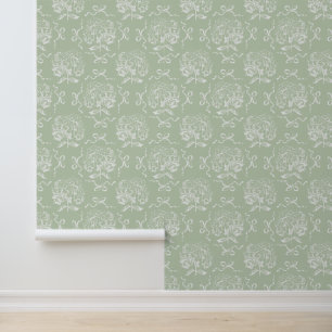 Elegant Vintage Sage Hydrangea Bow Pattern Wallpaper