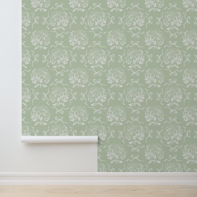 Elegant Vintage Sage Hydrangea Bow Pattern Wallpaper (Application)