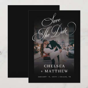 Elegant Vintage Script and Photo Black Wedding Save The Date