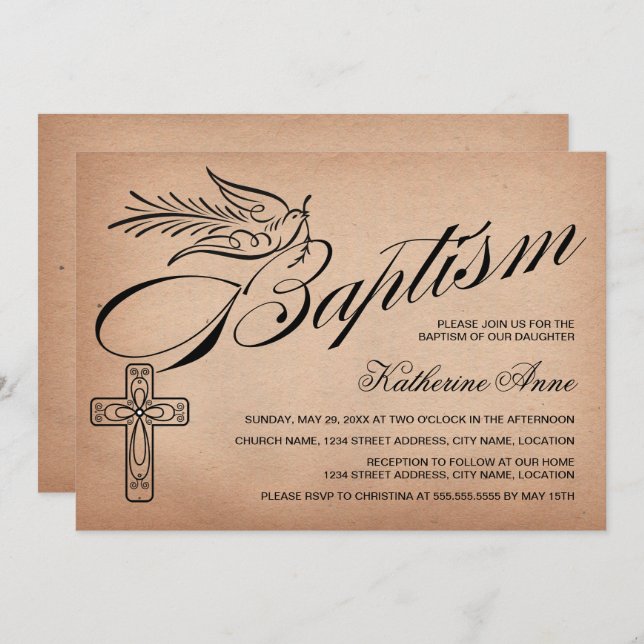 Elegant Vintage Script Cross and Dove Baptism Invitation (Front/Back)