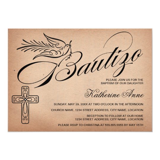 Elegant Vintage Script Cross and Dove Bautizo Card