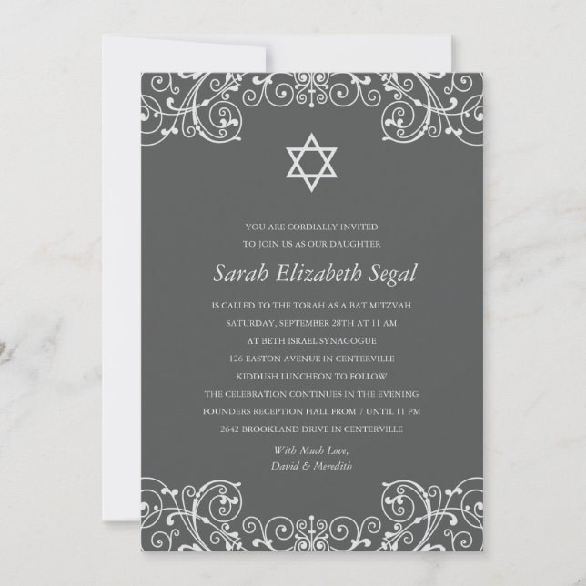 Elegant Vintage Scrolls Bat Mitzvah Invitation (Front)