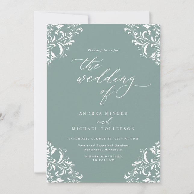 Elegant Vintage Sea Green Wedding Invitation (Front)