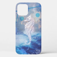 Elegant Vintage Seahorse Blue Ocean Waves