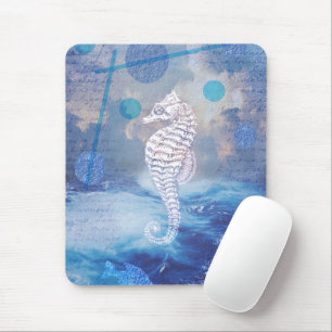Elegant Vintage Seahorse Blue Ocean Waves Mouse Pad