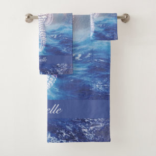 Elegant Vintage Seahorse Blue Ocean Waves Name Bath Towel Set