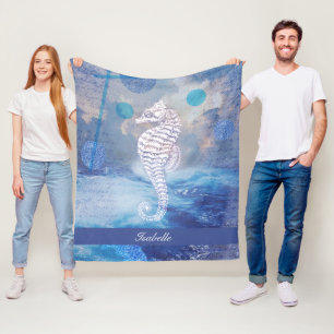 Elegant Vintage Seahorse Blue Ocean Waves Name Fleece Blanket