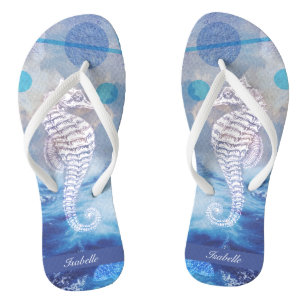 Elegant Vintage Seahorse Blue Ocean Waves Name Flip Flops